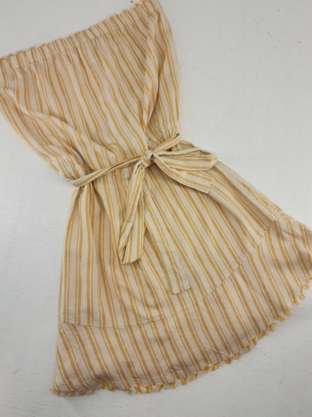 Cloth and Stone Striped Off-Shoulder Tie-Waist Linen Blend Dress in Yellow